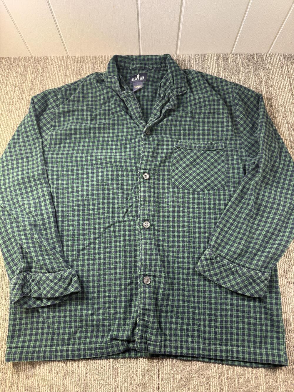 Stafford Pajama Top Mens Large Green Plaid Flannel Long Sleeve Sleepwear Lounge